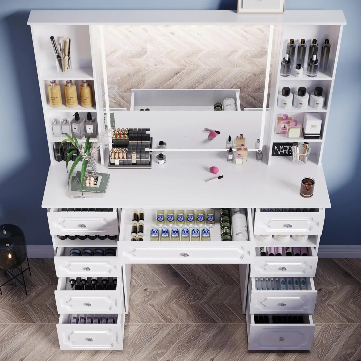 Extra Large Vanity Desk with Lighted Mirror Huge Desktop Makeup Vanity Table with 9 Drawers European Style Vanity Crystal