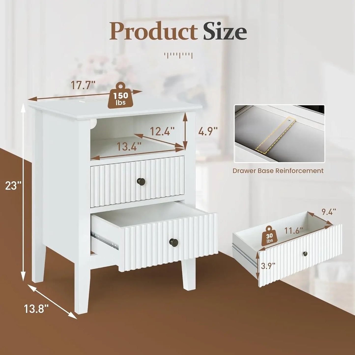 Nightstand Set of 2 with Charging Station End Table with 2  Slide Drawers & Storage Shelf, Modern Wood NightStand Cabinet