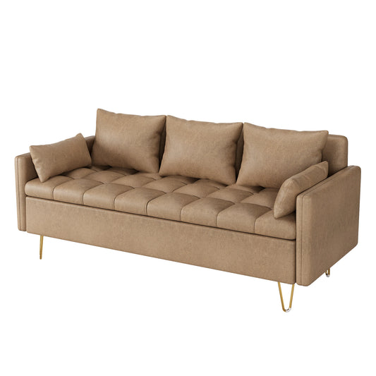 Faux Leather Sofa with Button Tufted Design and Hand Stitched, Heavy Duty Foundation with Gold Metal Legs, Lift-Up Storage