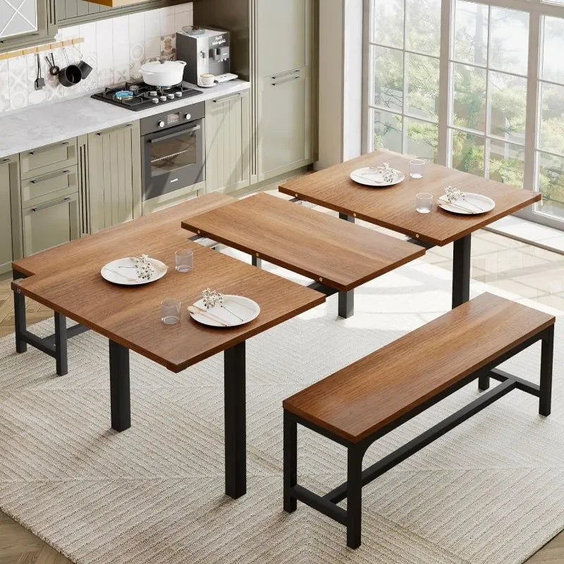 63" Extendable Dining Room Table Set for 4, Modern Dining Table with 2 Benches, 3 Pcs Black Kitchen Table for Small Space, Easy