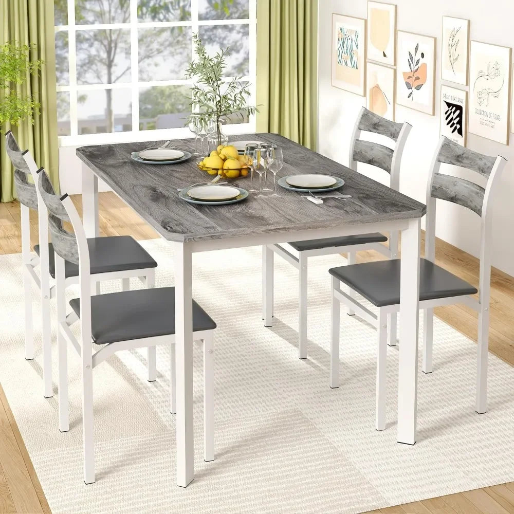Dining table set, 43.3" dining table with 4 upholstered PU leather chairs, modern wooden 5-piece set kitchen table and chairs