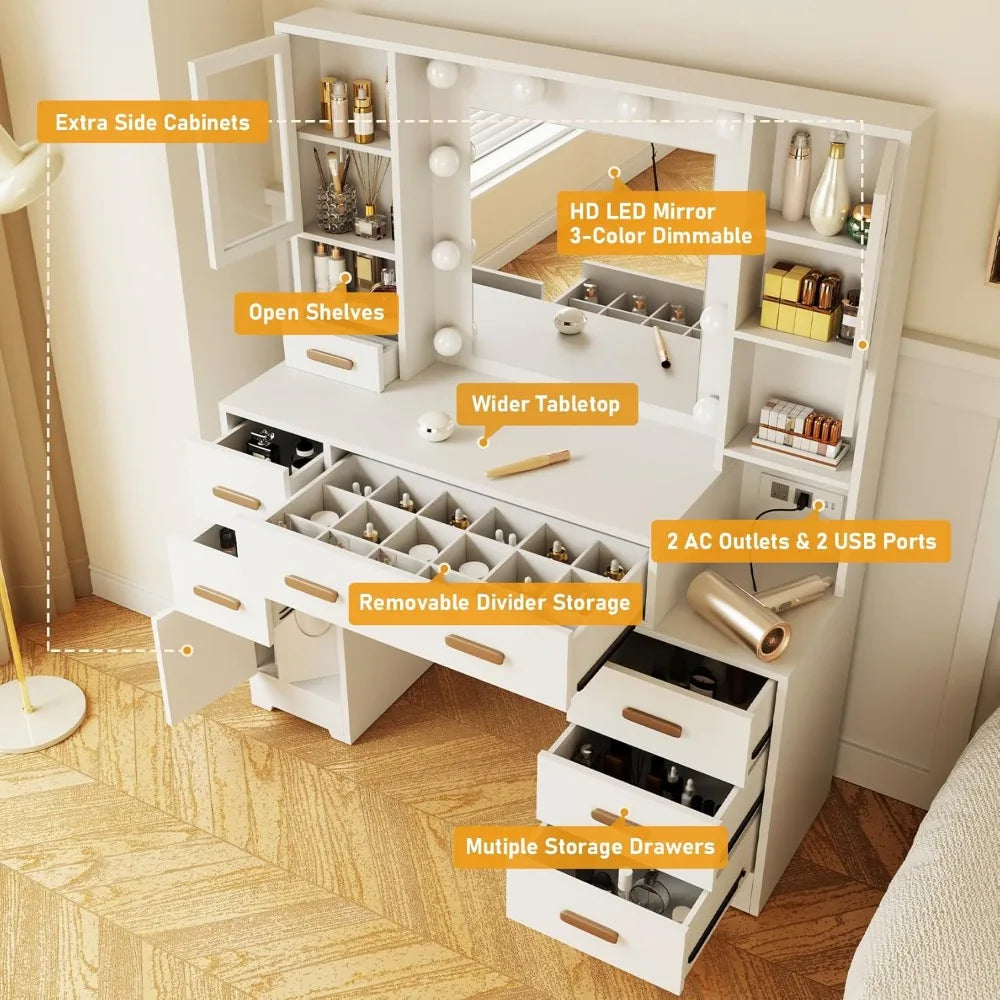 Makeup table with mirror, light and charging station, 49 inch white vanity, 3 LED light modes, 7 drawers and 3 bedroom cabinets