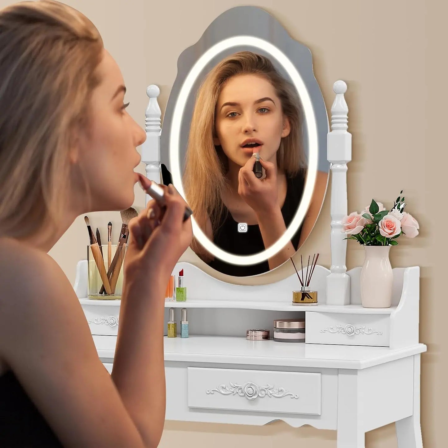 Vanity Desk with Mirror and Lights, Modern Vanity Makeup Table and Cushioned Stool Set with 4 Drawers, 3 Color Lighting Modes