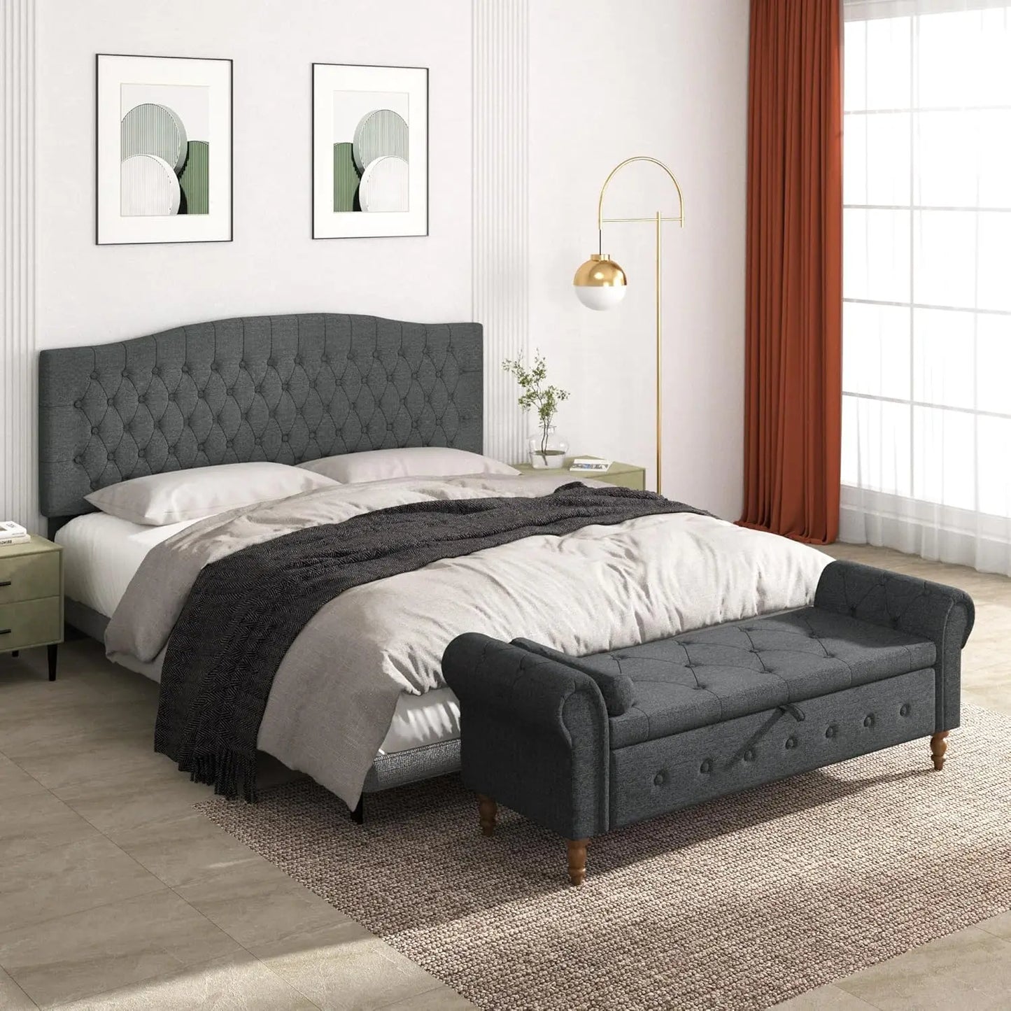 Linen Upholstered Storage Bench, 63" End of Bed Storage Ottoman Bench with Rolled Arms for Bedroom