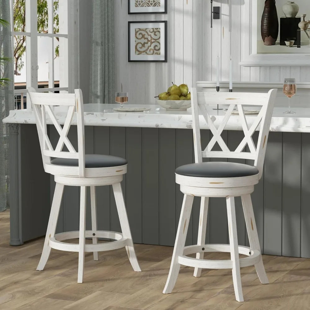 24" Counter Height Swivel Bar Stools - High Back Swivel Counter Stools with Upholstered Seat & Solid Wood Footrest