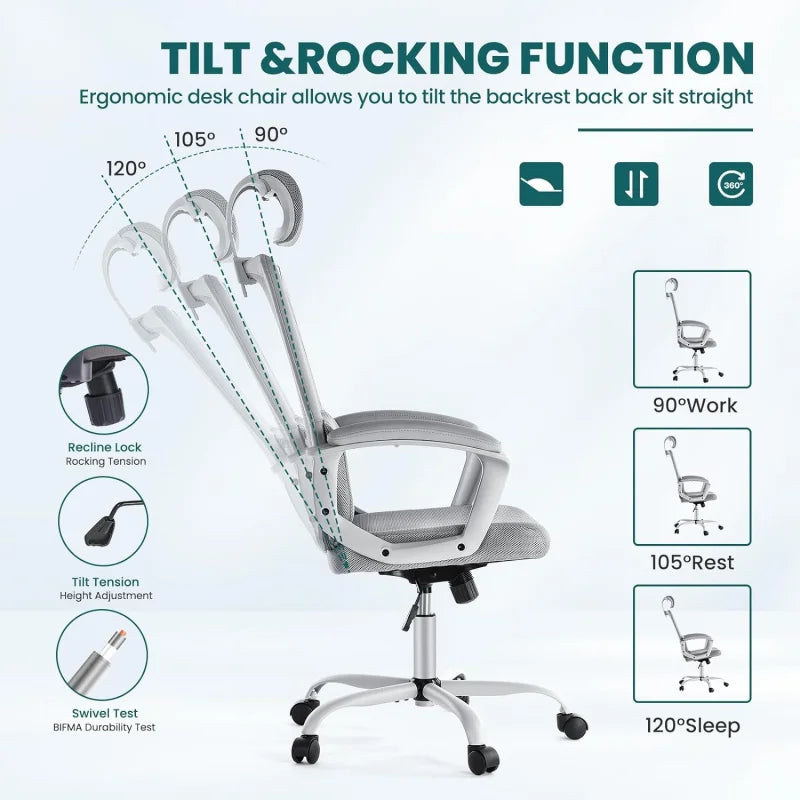 Office Desk Computer Chair, Ergonomic High Back Comfy Swivel Gaming Home Mesh Chairs with Wheels, Lumbar Support, Adjustable Hea