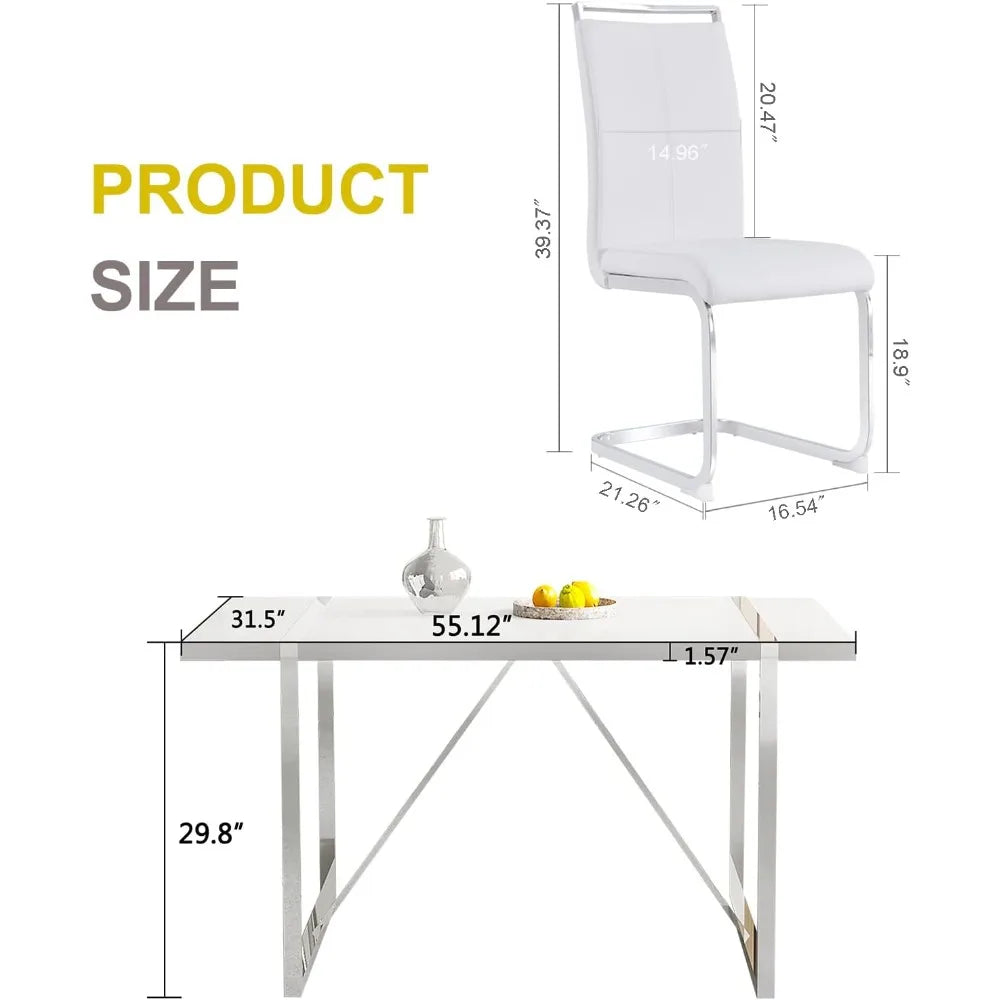 Dining Table Set, White Rectangular Kitchen Table and 4 Leather Dinner Chairs, Modern Metal Frame 5 Piece Dining Tables Sets