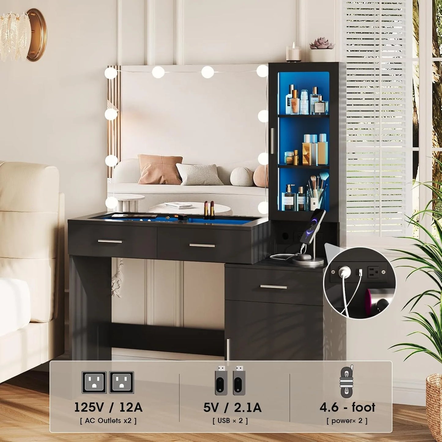 43in Glass Top Vanity with Mirror and Lights,Makeup Vanity Desk with Charging Station with RGB Lights ，3 Lighting Modes