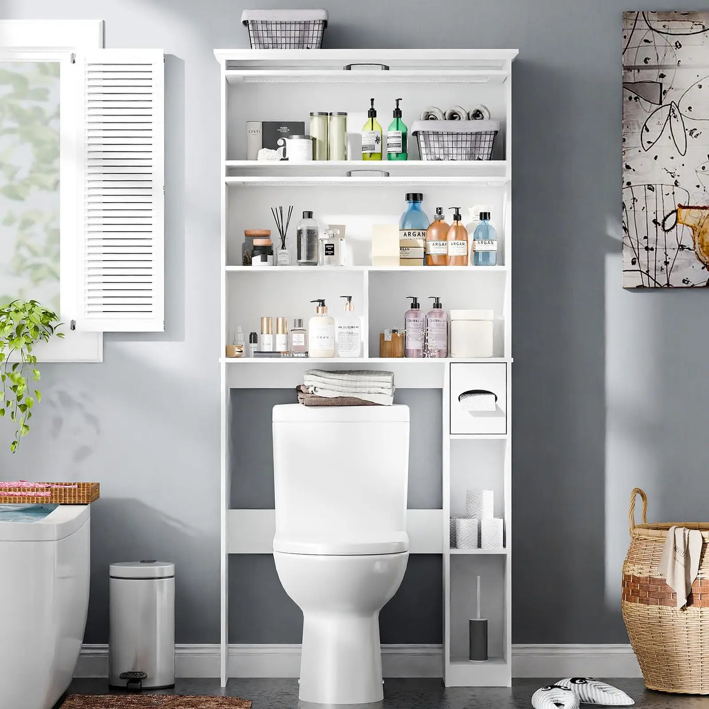 Vabches Over the Toilet Storage Cabinet Bathroom Organizer with Glass Door&Shelves Wooden Toilet Rack Bathroom Storage Cabinet