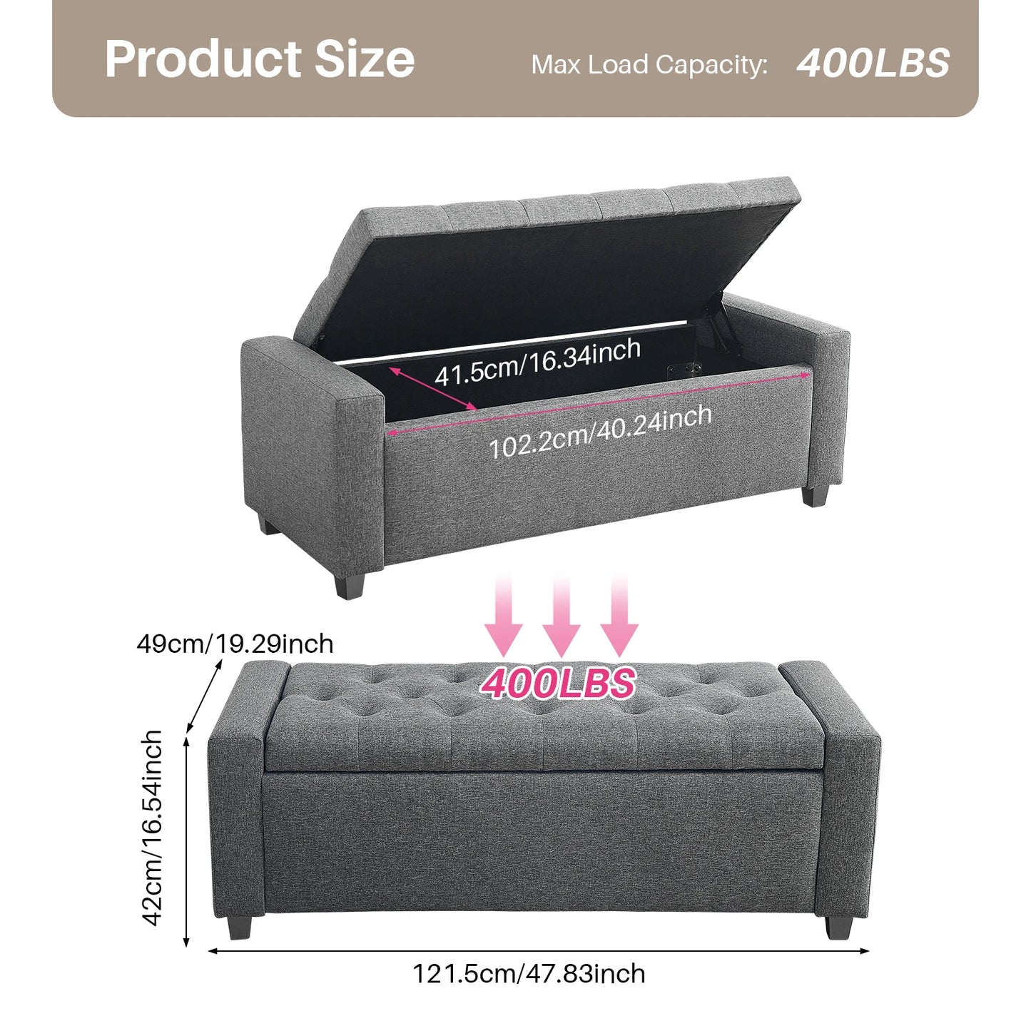 Folding Storage Ottoman, Footrest Stool Storage Bench with Flipping Lid, Safe Hinge for Living Room, Bedroom, Entryway, 47.8"