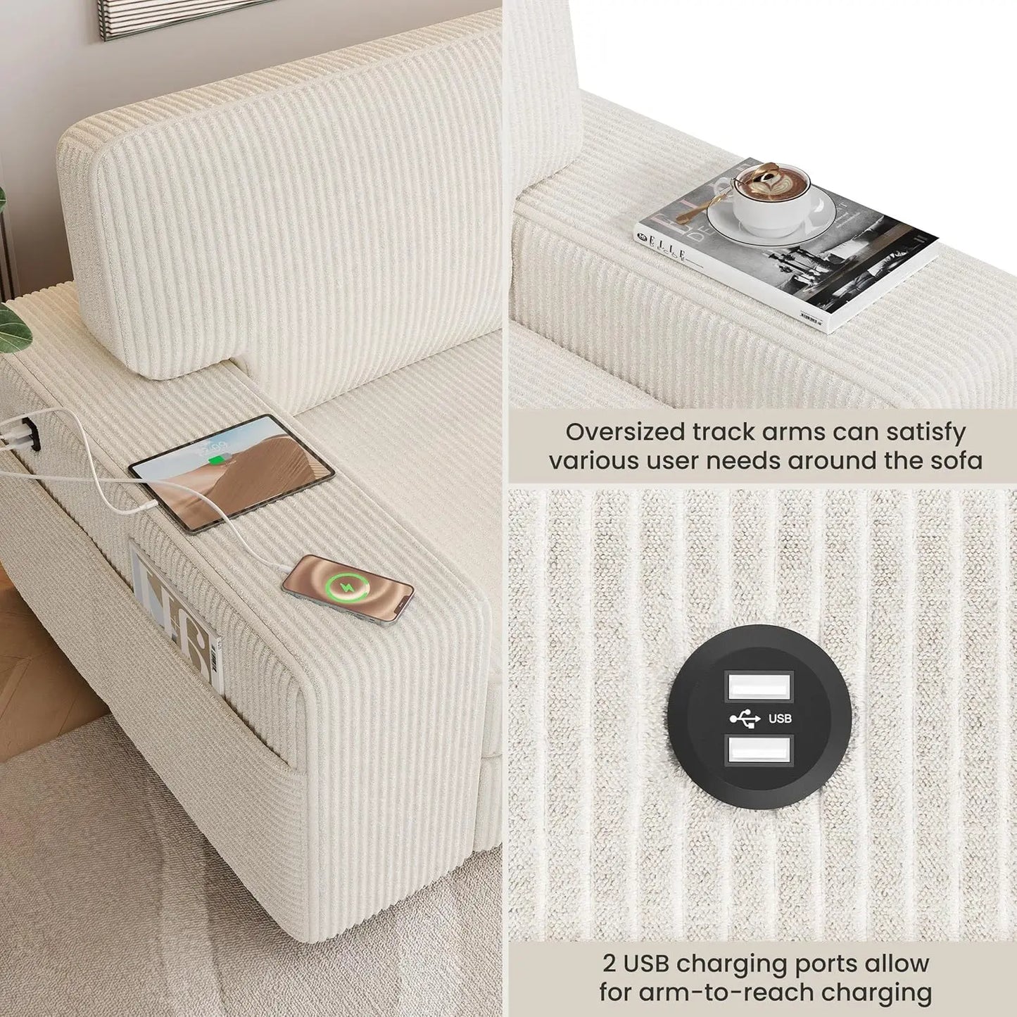83.5" W Modern Sofa Couch 2 Seater Corduroy Fabric Sofa for Living Room Apartment, Ivory
