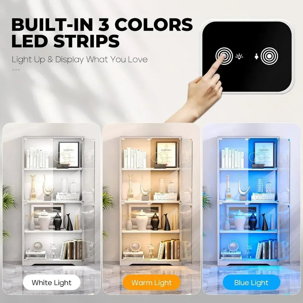 Display Cabinet, 4-Tier Curio Cabinet & Bookcase with 3 Color Light for Collectibles, Toys, Books, Glass Door Storage Cabinet