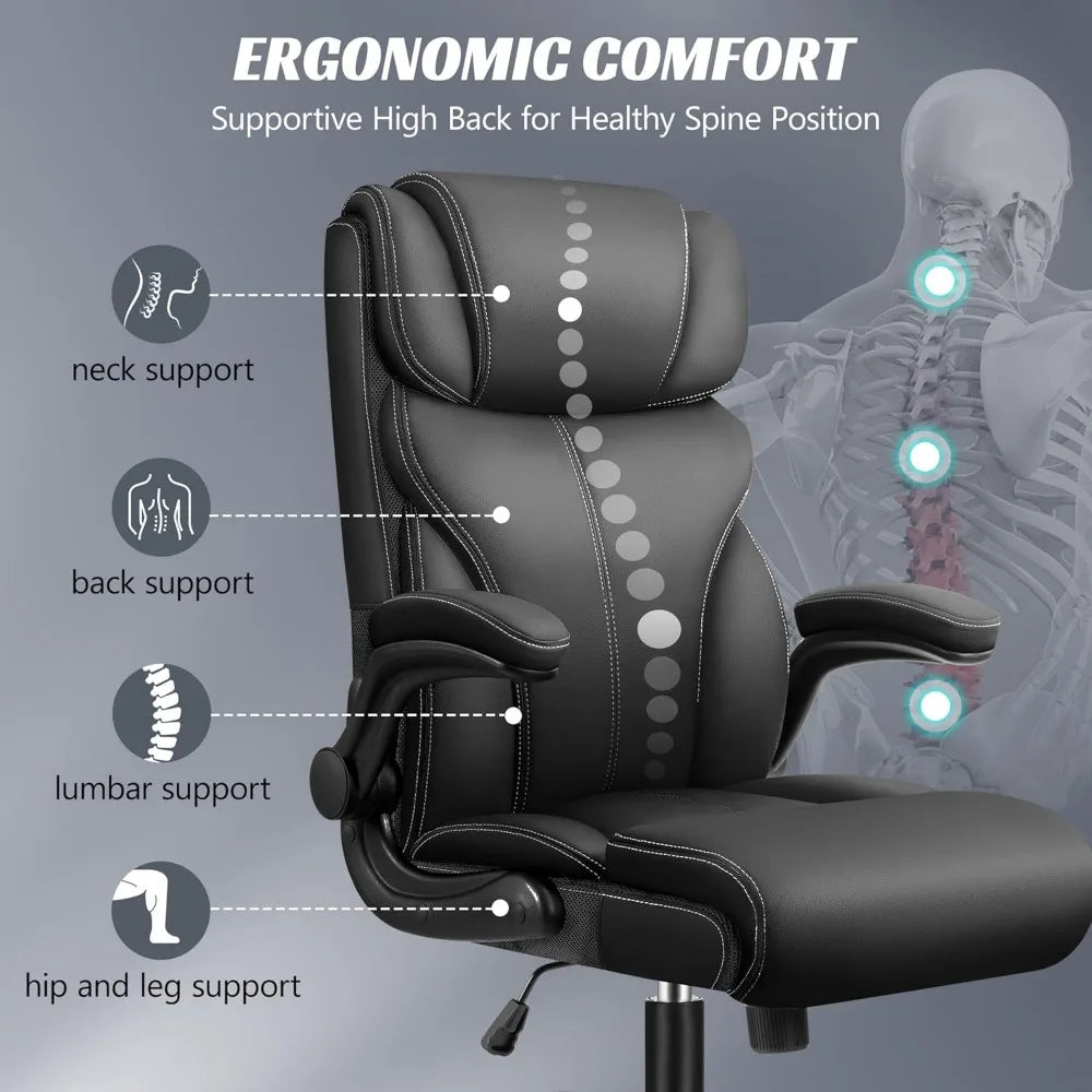 Office Chair, Ergonomic Big and Tall Computer Desk Chairs, Executive Breathable Leather Chair with Adjustable High Back Flip-up