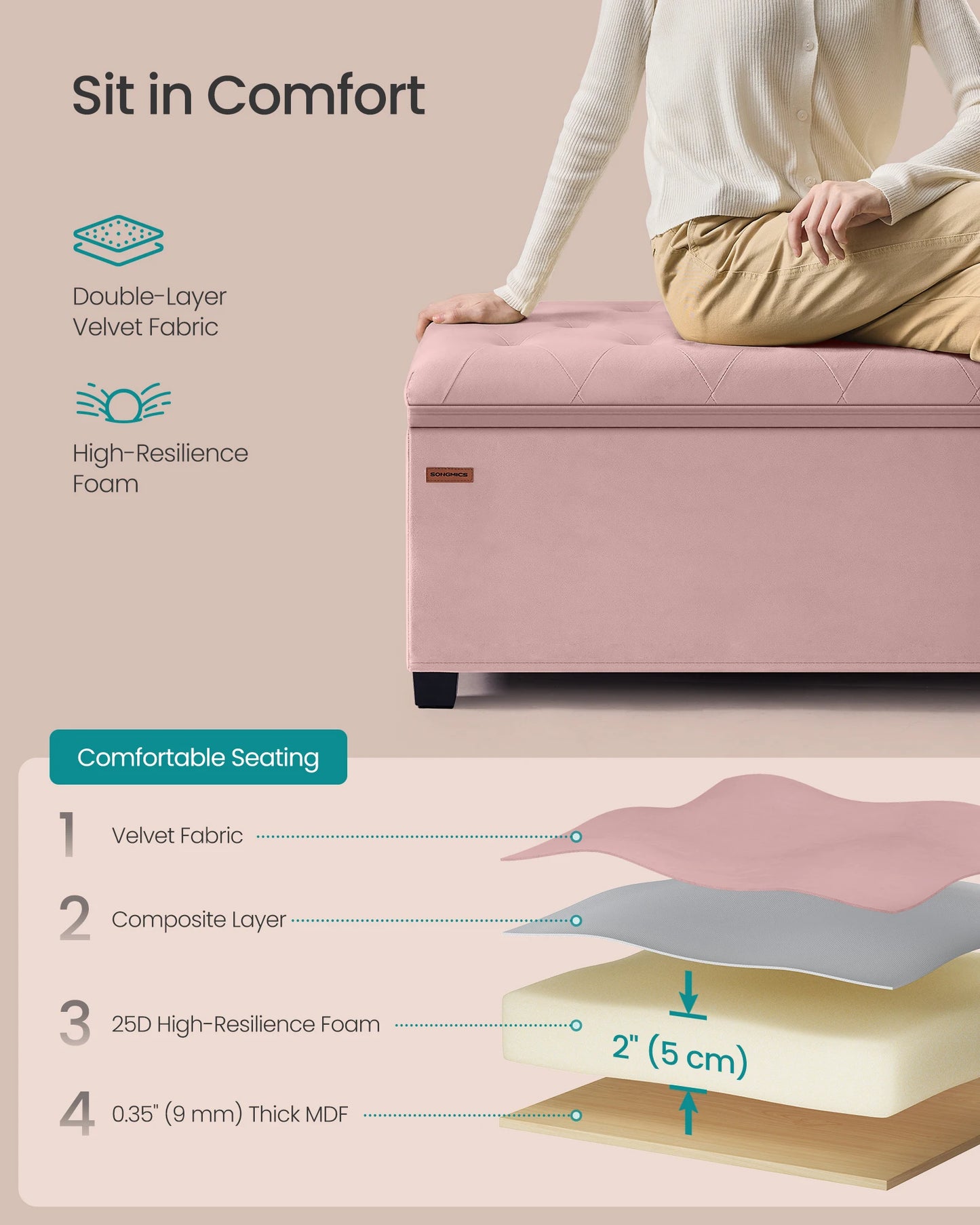 SONGMICS Velvet Storage Ottoman Bench, Foot Rest with Legs, 15.7 x 43 x 15.7 Inches, End of Bed Bench, Storage Chest