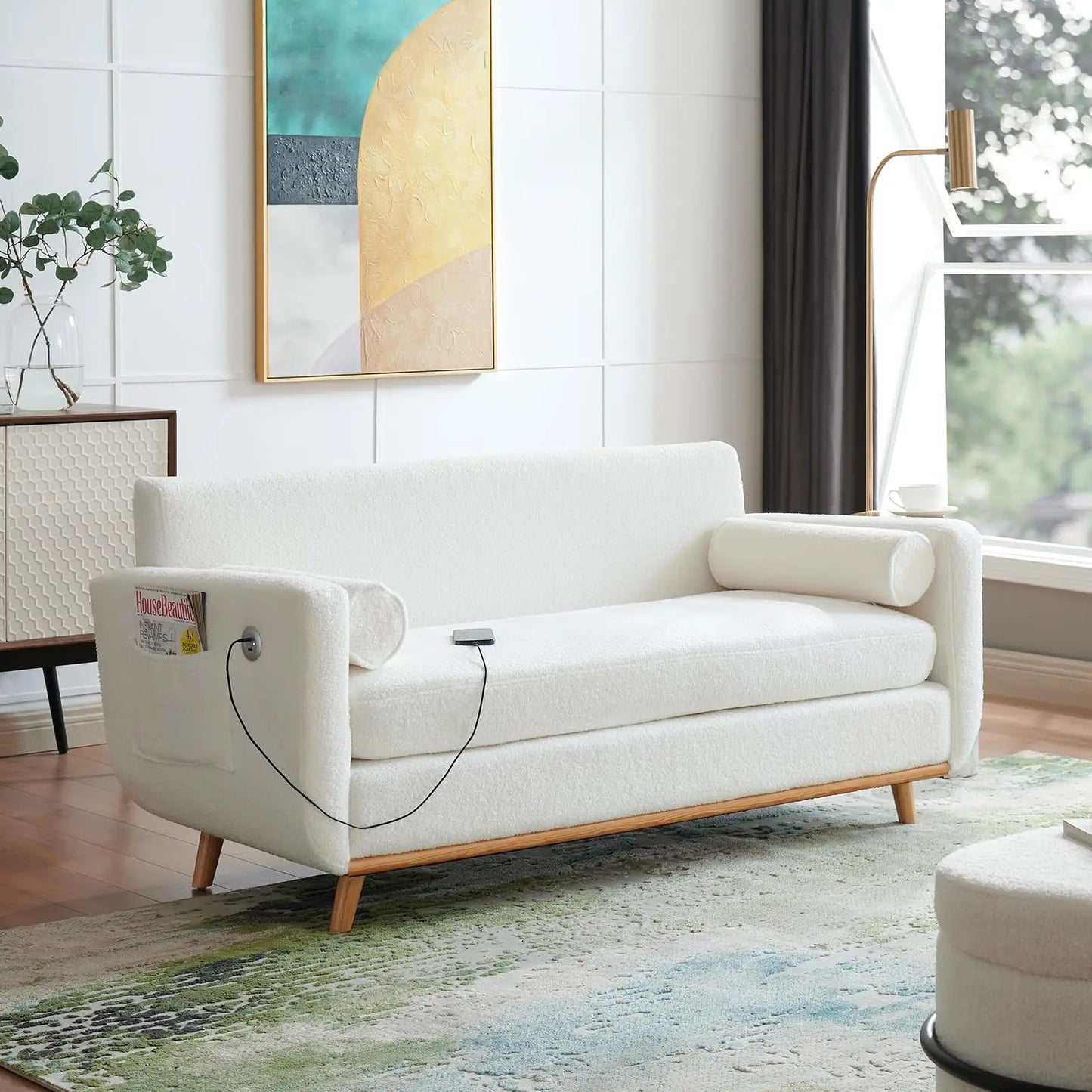 Vabches Loveseat Sofa with LED Lights&USB Ports Modern Boucle 2 Seater Sofa Couch Comfy All-Wood Washable Cover Sofa Living Room