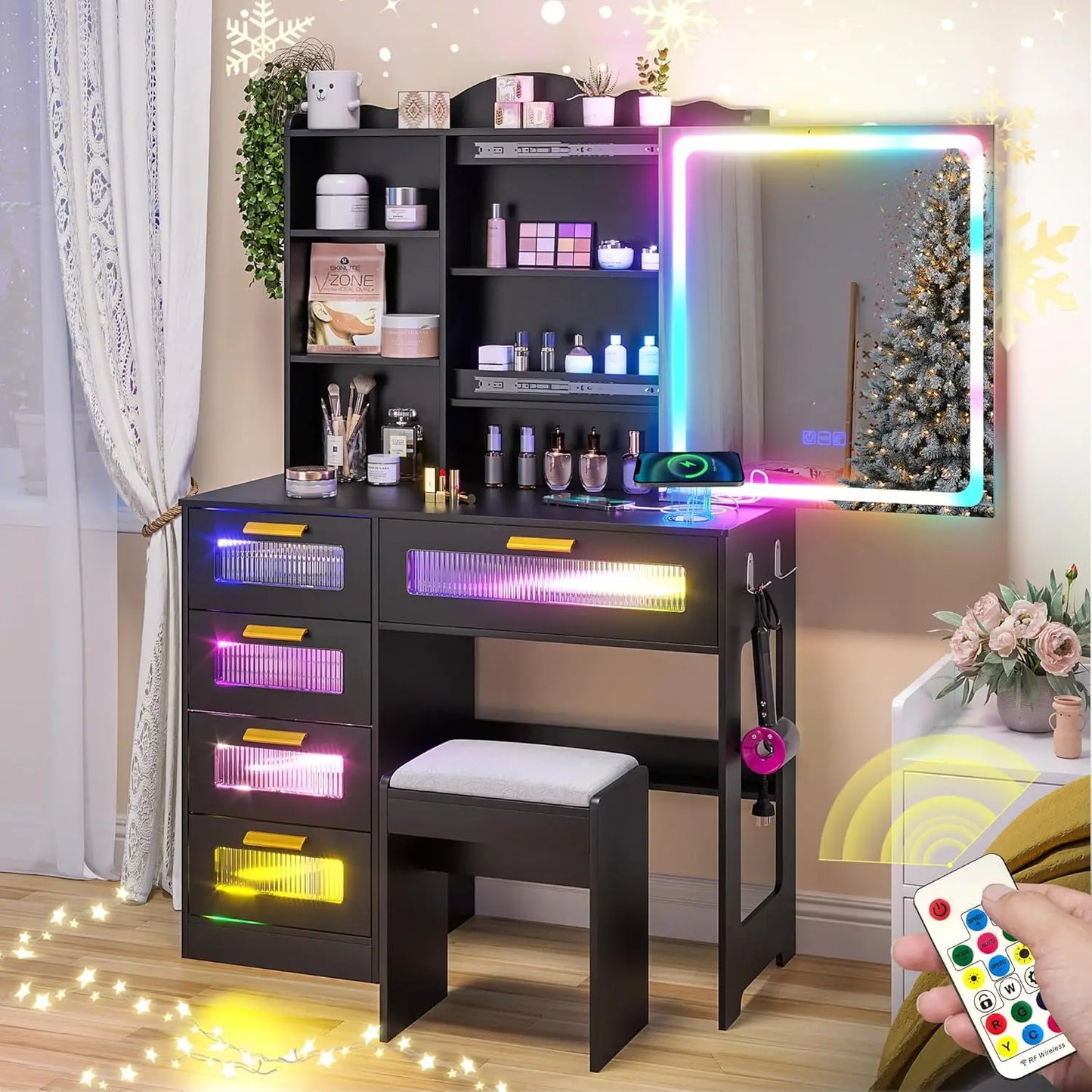 Vanity Desk with Mirror and Lights, RGB LED Vanities Desk with Charging Station, Vanity Table with Stool & Sliding Touch Mirror