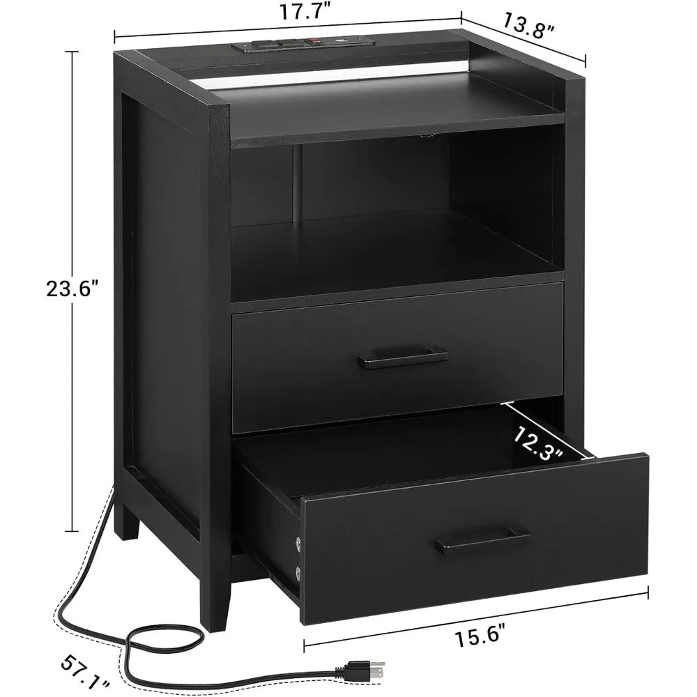 LED Nightstands Set of 2, Black Night Stand with Charging Station and 2 Drawers, Wood End Side Table with USB Ports