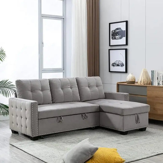 76.8'' Pull Out Sleeper Sectional Storage Sofa Bed,L-Shaped Convertible Velvet Corner Sofa Bed, Reversible Storage Chaise