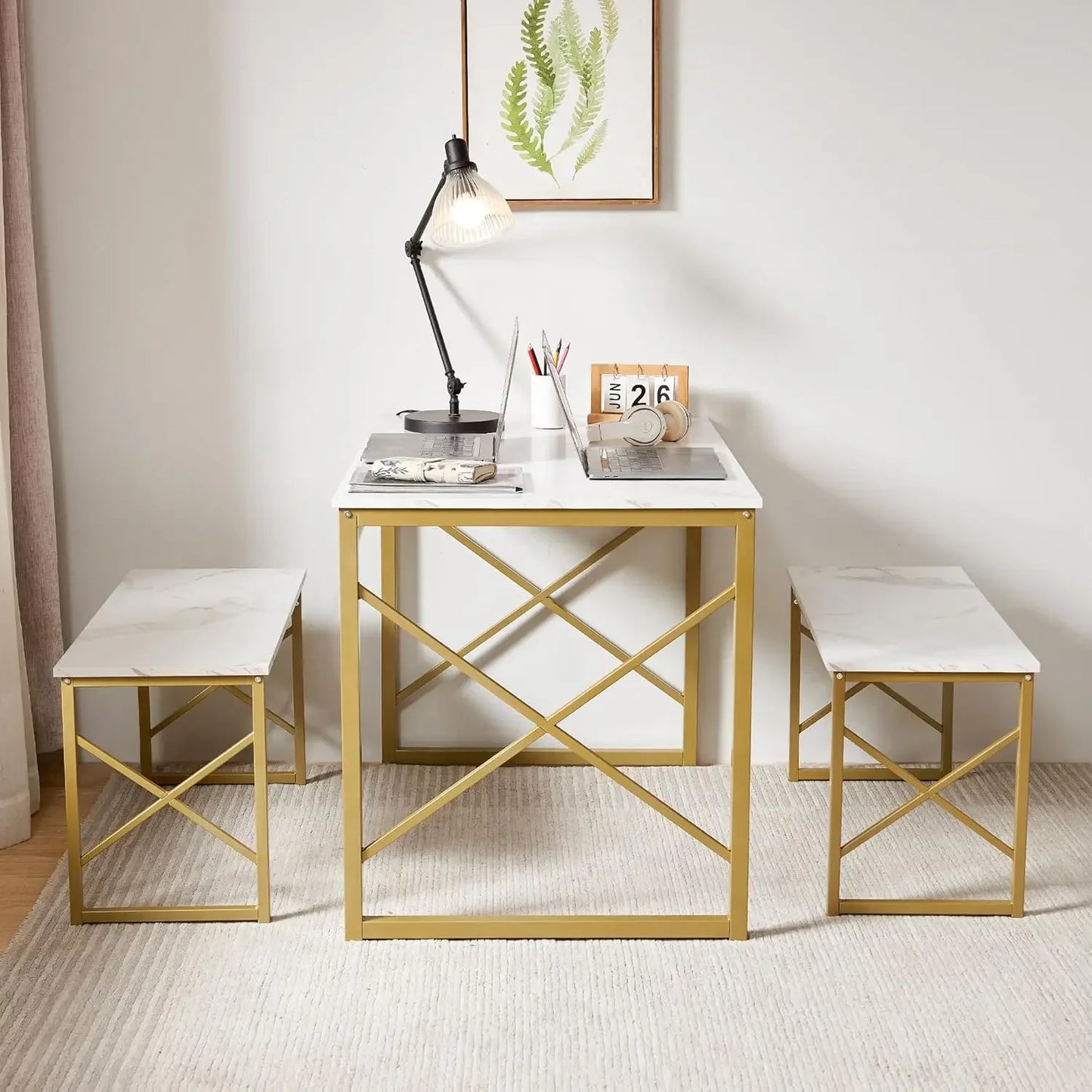 Kitchen Table with 2 Benches for 4, Wood Dining Room Dinette Sets with Metal Frame for Breakfast Nook and Small Space, 43
