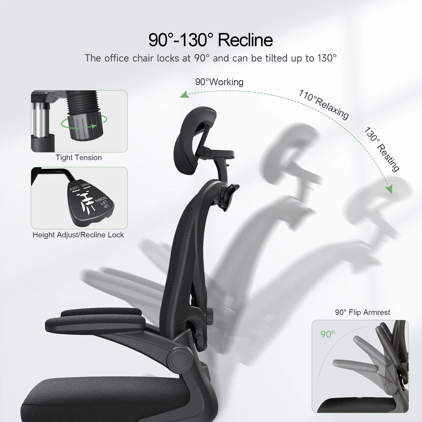 Ergonomic Mesh Office Chair, Gaming Racing Computer Adjustable with 3D Headrest Flip-Up Arms High Back Coat Hanger Tilt Function