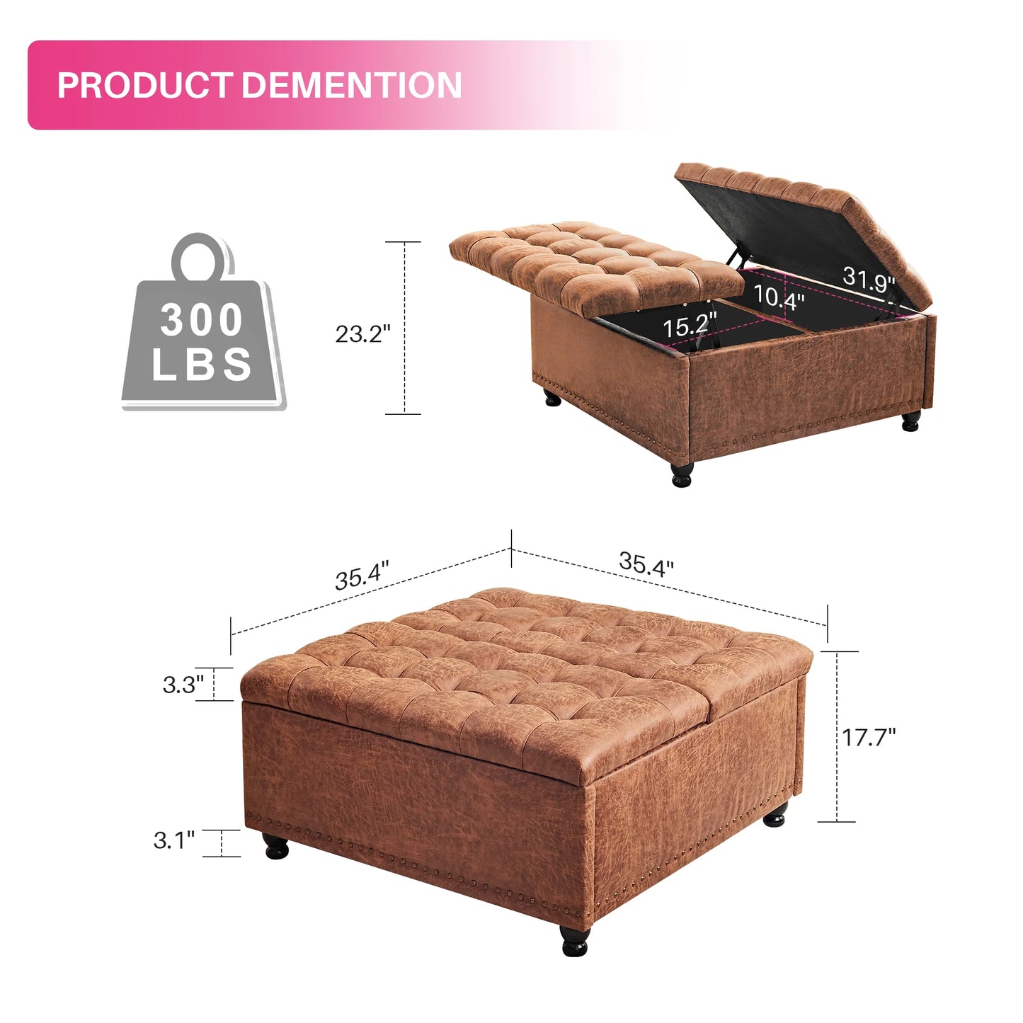 REDLIFE 35" Large Square Storage Ottoman Bench, Upholstered Coffee Table ,Lift Top Storage Ottoman Tufted Fabric for Living Room
