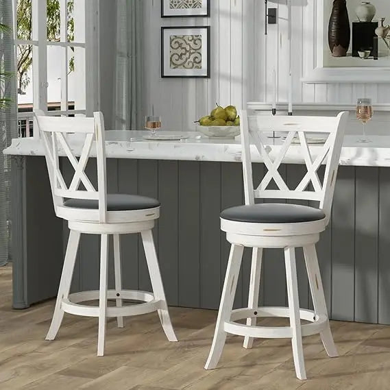 24" Counter Height Swivel Bar Stools - High Back Swivel Counter Stools with Upholstered Seat & Solid Wood Footrest