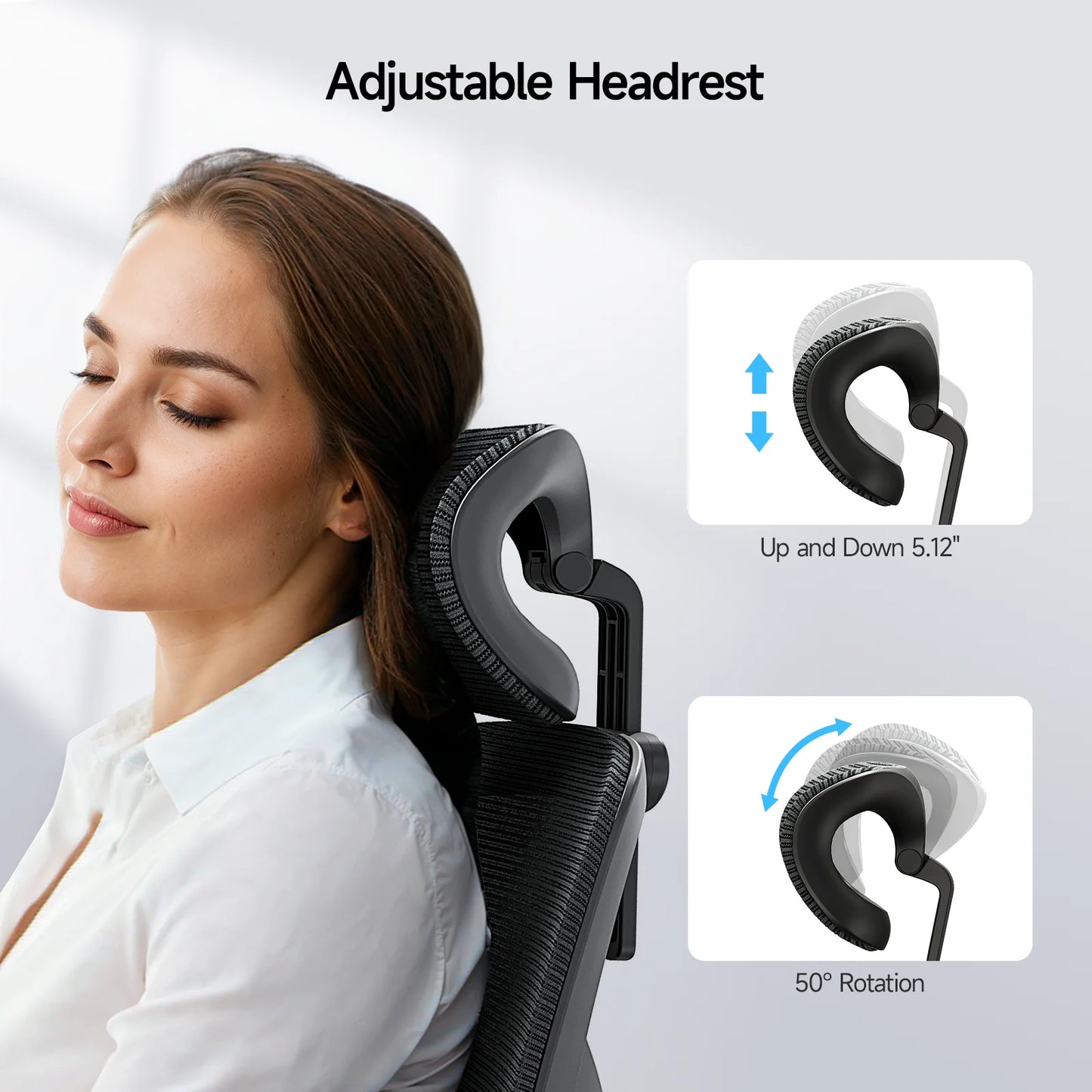 Ergonomic office chair, adjustable backrest, tilt locking function, lumbar support, armrests, 2D headrest