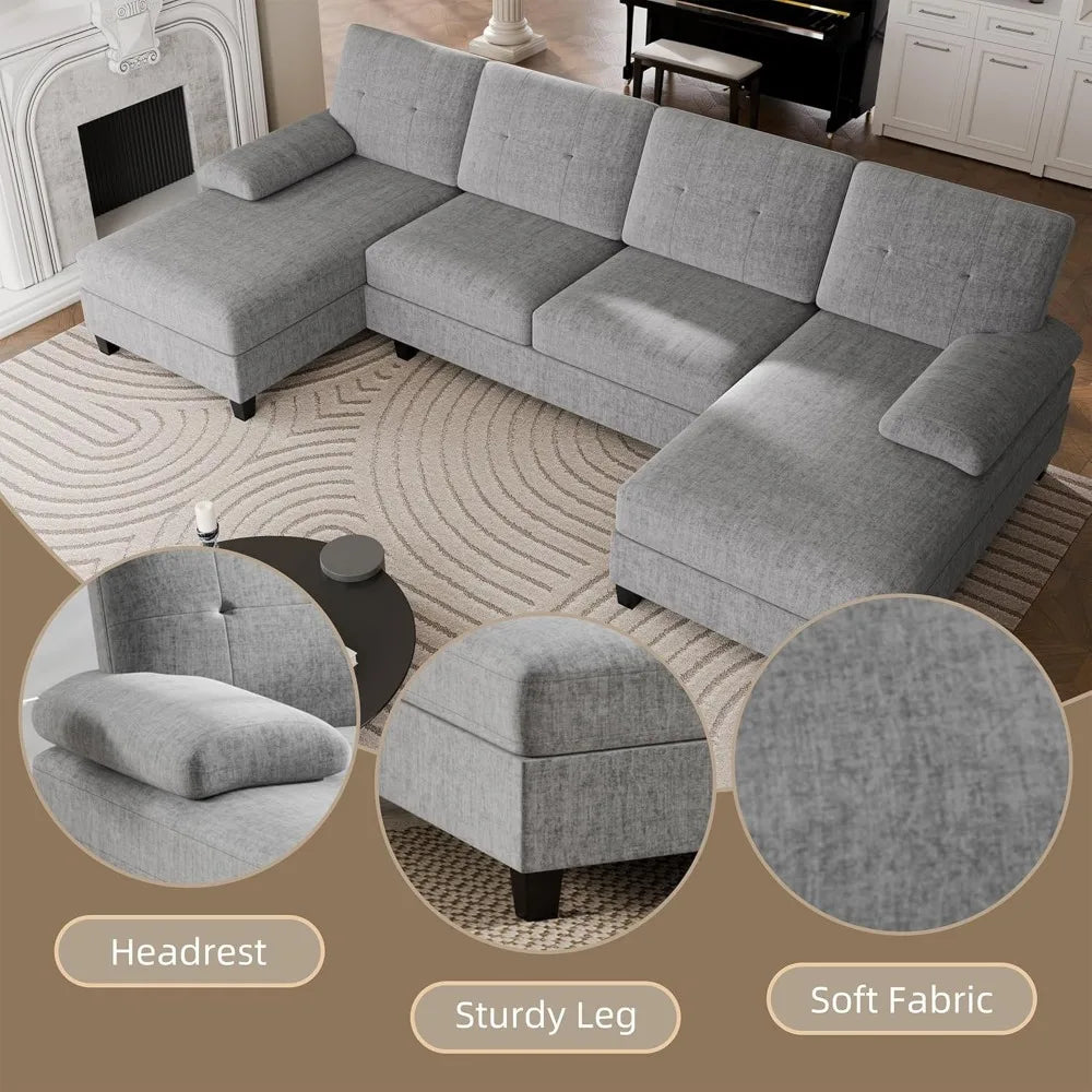 Sectional Couches for Living Room, U-Shaped Sofa Couch with Double Chaise, 4 Seat Sofa Set Modular Sofa Couch for Apartment