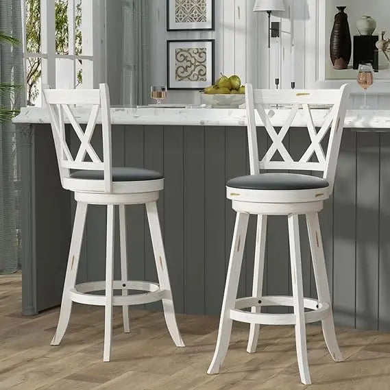 24" Counter Height Swivel Bar Stools - High Back Swivel Counter Stools with Upholstered Seat & Solid Wood Footrest