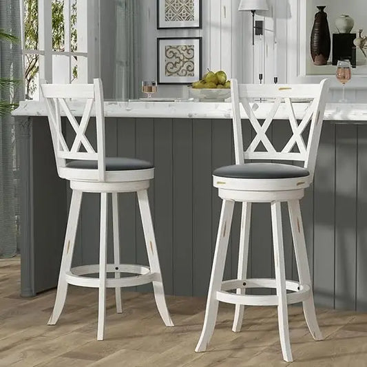 24" Counter Height Swivel Bar Stools - High Back Swivel Counter Stools with Upholstered Seat & Solid Wood Footrest