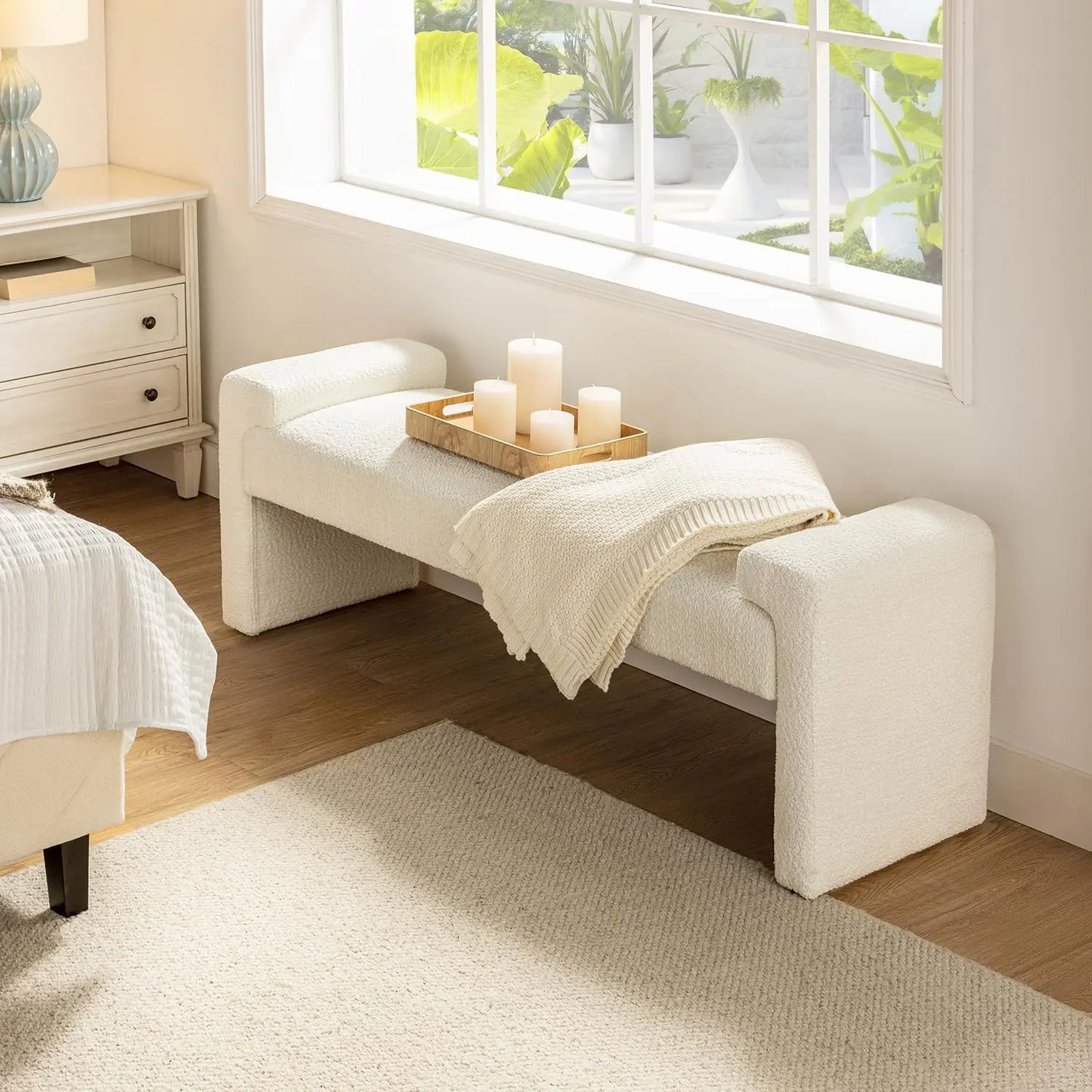 58.5" End of Bed Bench, Modern Fabric Upholstered Entryway Bench, Footrest Stool Accent Bench with Solid Wood Frame