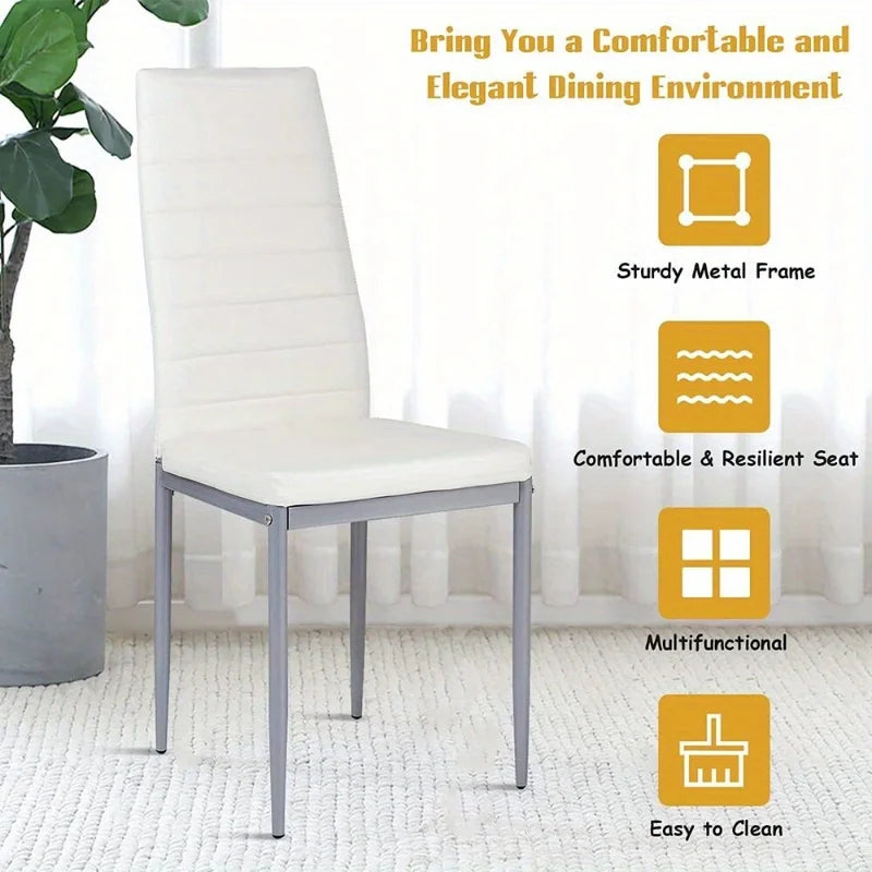 White DiningChairs Set of 4,Upholstered Mid-Century Modern Kitchen Chair with PU Leather and Metal Frame for Kitchen/Dining Room