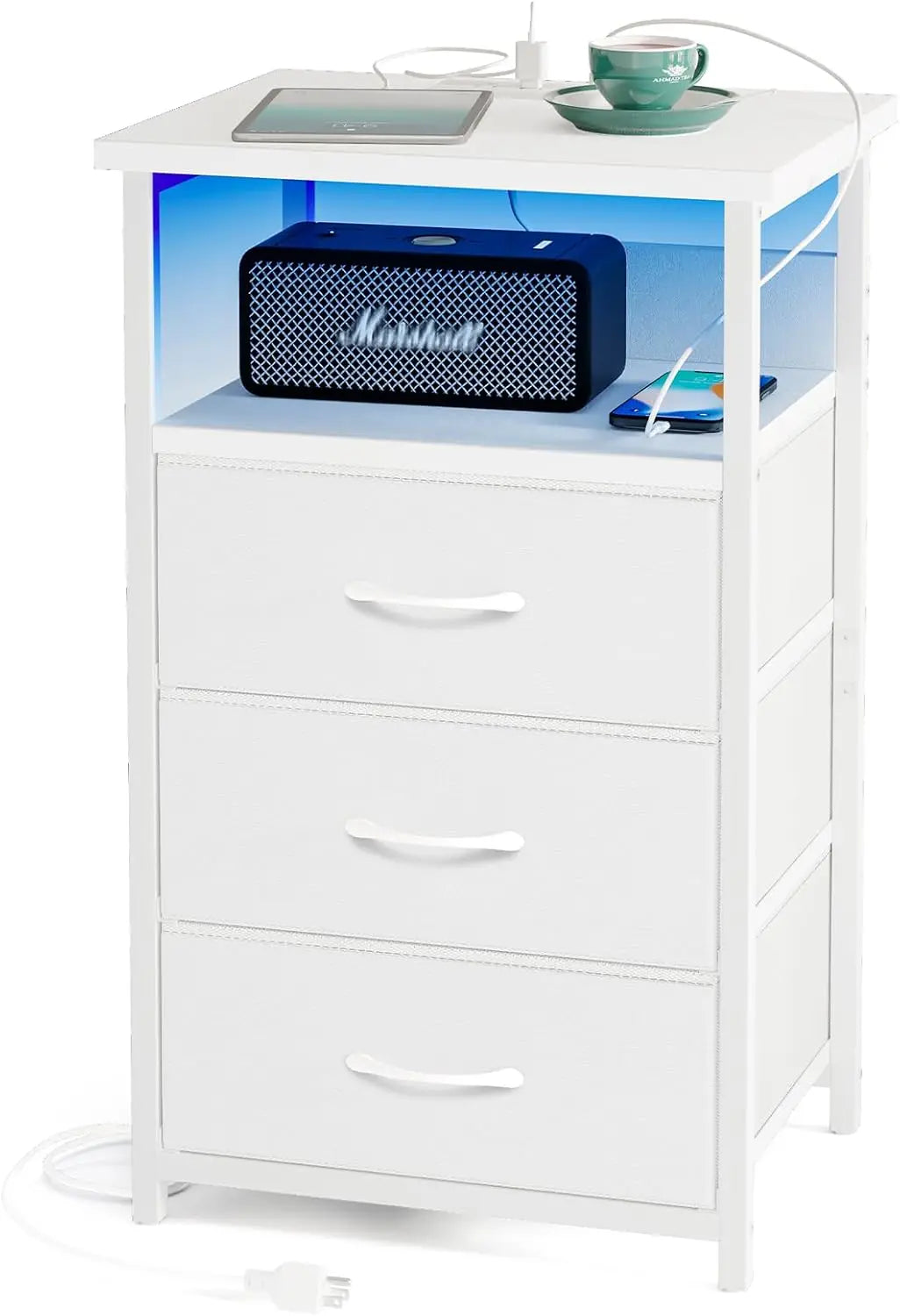 Tall Nightstand with Charging Station and LED Lights, Night Stand with PU Finish Fabric Storage Drawers,3 Drawers