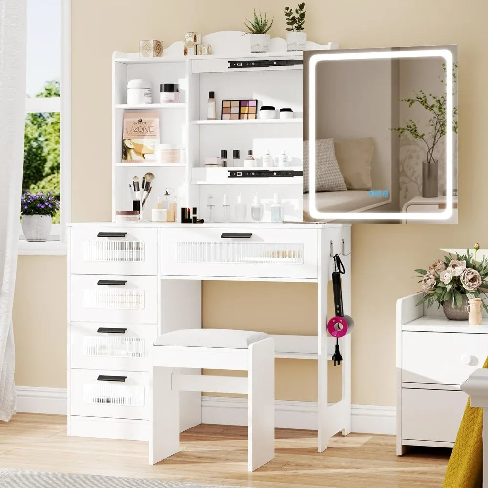 Vanity Desk with Mirror and Lights, RGB LED Vanities Desk with Charging Station, Vanity Table with Stool & Sliding Touch Mirror