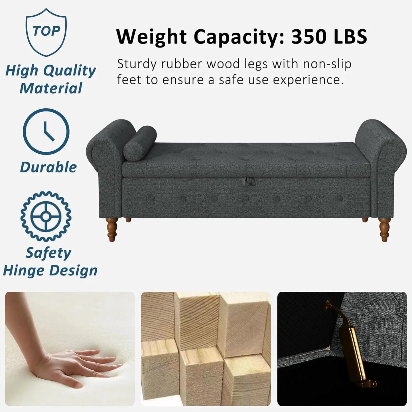Linen Upholstered Storage Bench, 63" End of Bed Storage Ottoman Bench with Rolled Arms for Bedroom