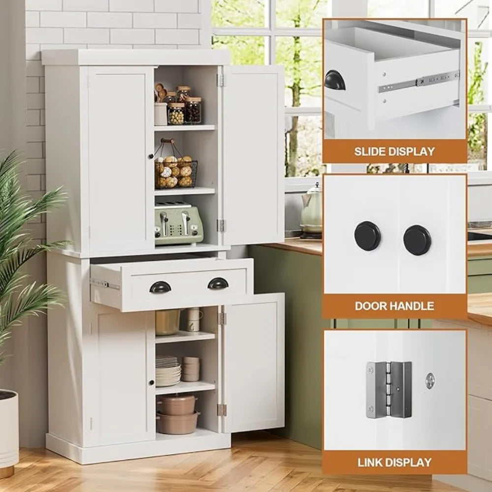 Kitchen Cabinet, Drawer and 4 Adjustable Shelves, Freestanding Pantry Cupboard Cabinet, Kitchen  Pantry  Cabinet