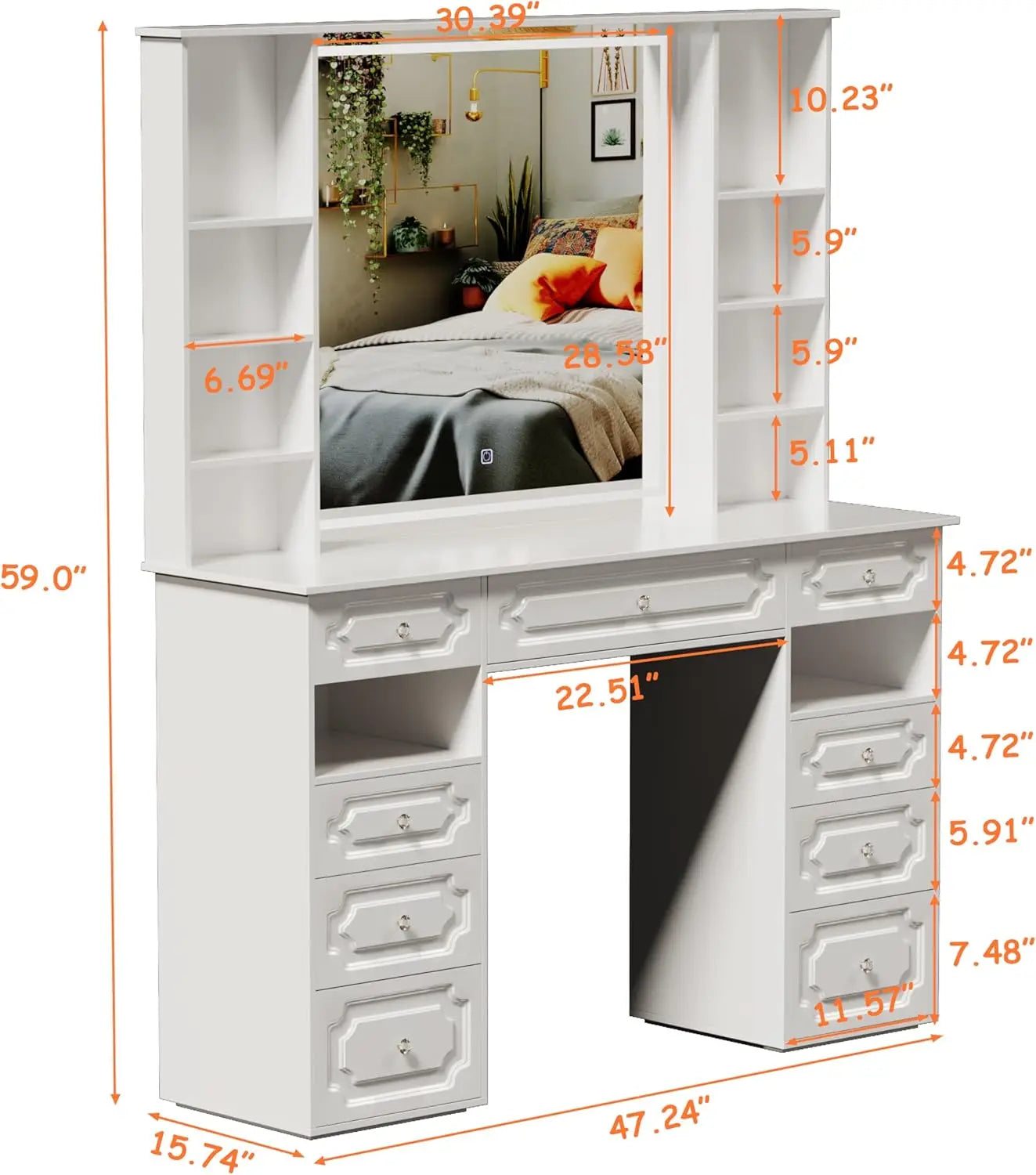 Extra Large Vanity Desk with Lighted Mirror Huge Desktop Makeup Vanity Table with 9 Drawers European Style Vanity Crystal
