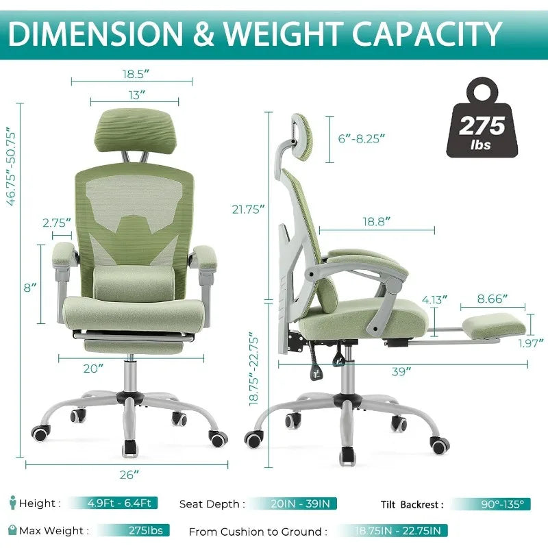 Home Office Desk Chair with Footrest, High-Back Mesh Rolling Swivel Reclining Chairs with Wheels, Comfortable Headrest