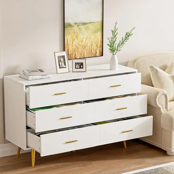 White Dresser for Bedroom, 6 Drawer Dresser with Wide Drawers and Gold Metal Handles, Wood Dressers Chest of Hallway
