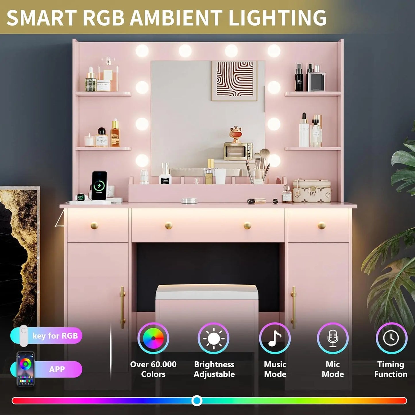 Vanity Desk with Mirror and Lights, 43'' Pink Makeup Dressing Table Set with 5 Drawers & Chair, Power Outlet, 3 Lighting Modes