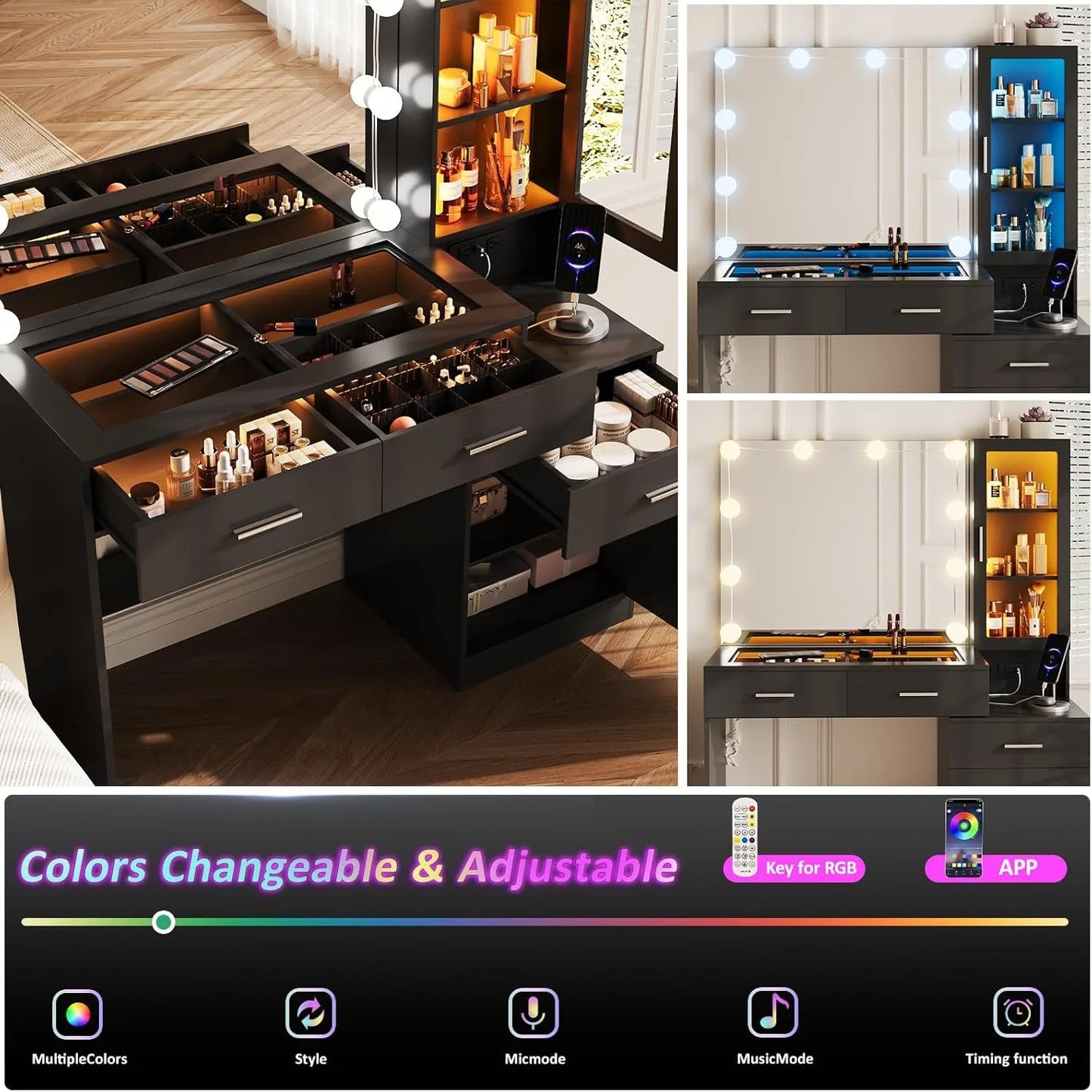 43in Glass Top Vanity with Mirror and Lights,Makeup Vanity Desk with Charging Station with RGB Lights ，3 Lighting Modes