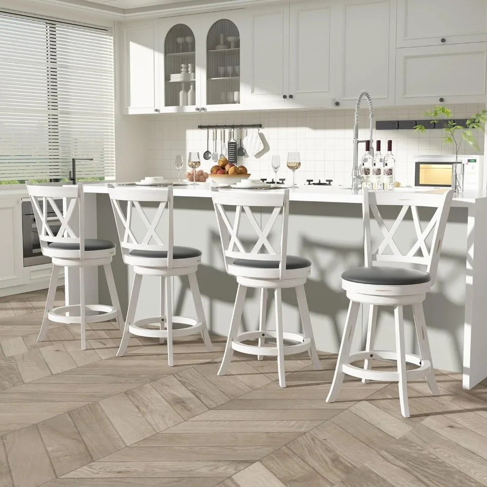 24" Counter Height Swivel Bar Stools - High Back Swivel Counter Stools with Upholstered Seat & Solid Wood Footrest