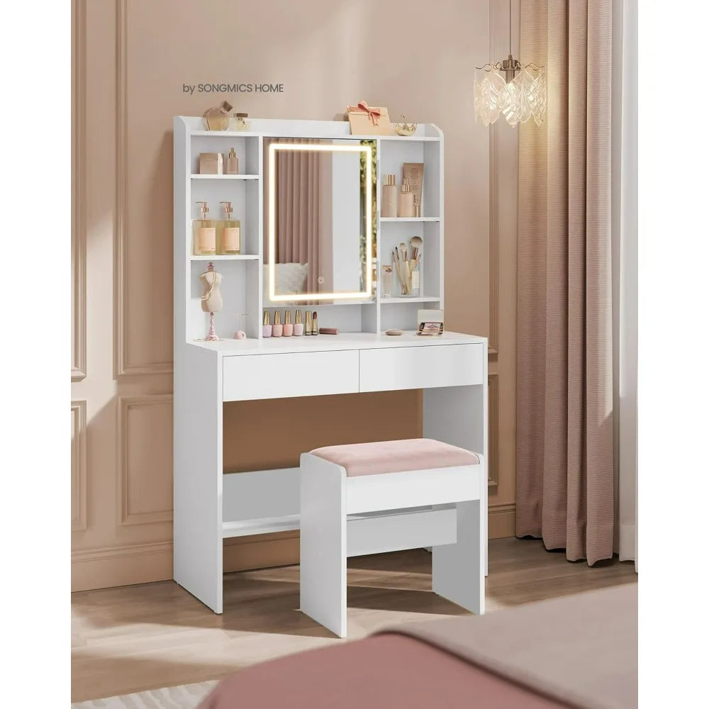 Vanity Desk with Mirror and Lights, Makeup Vanity with Upholstered Vanity Stool, Dimmable LED Lights, Adjustable Shelves