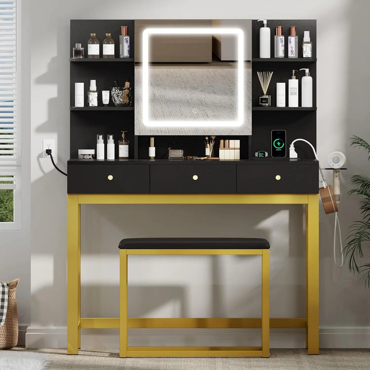 Upgraded Wider Makeup Vanity with Adjustable 3 Color Lighted Mirror, Black Vanity Desk w/Charger Station, Plus Large Vanity