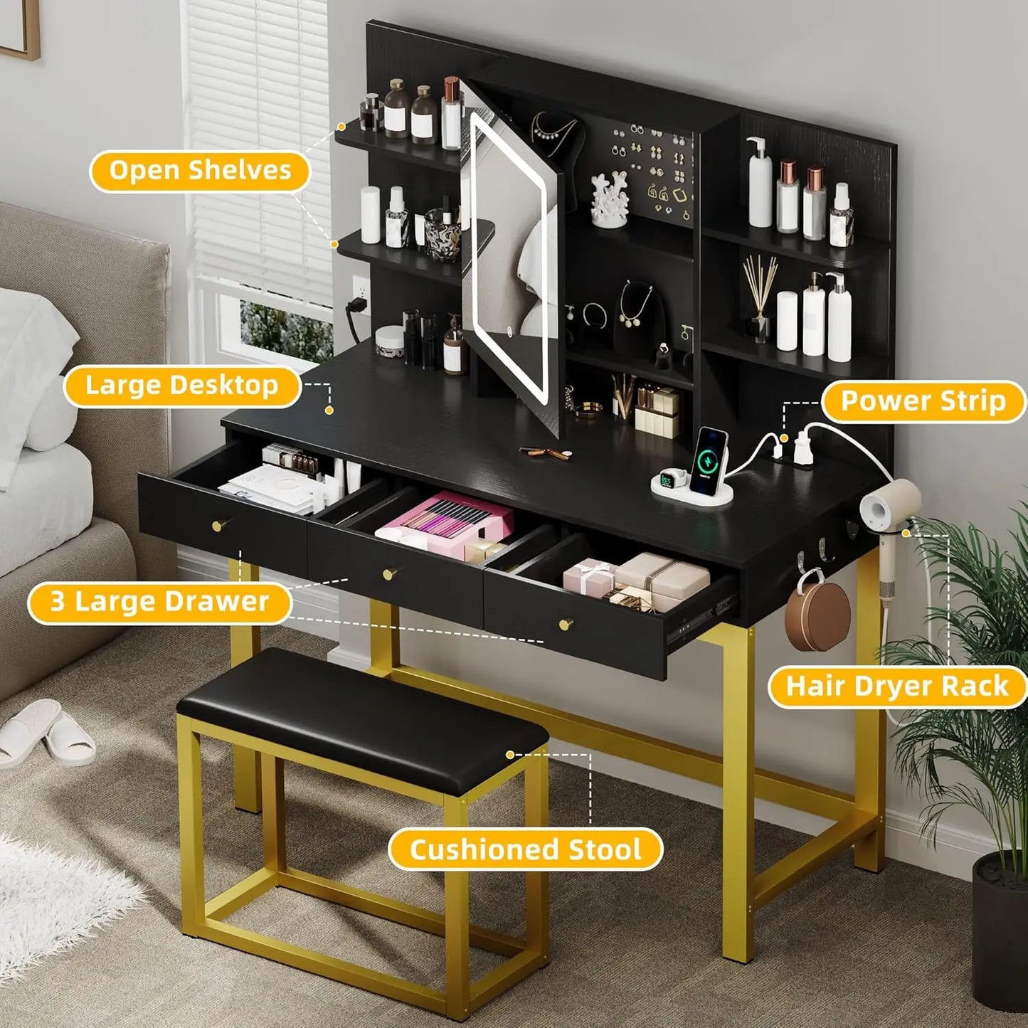 Upgraded Wider Makeup Vanity with Adjustable 3 Color Lighted Mirror, Black Vanity Desk w/Charger Station, Plus Large Vanity