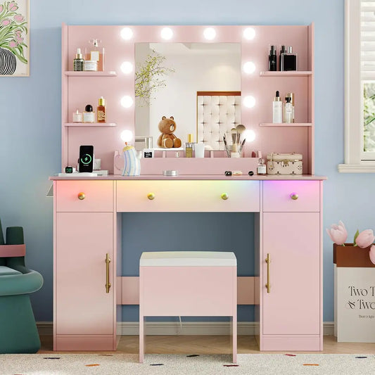 Vanity Desk with Mirror and Lights, 43'' Pink Makeup Dressing Table Set with 5 Drawers & Chair, Power Outlet, 3 Lighting Modes