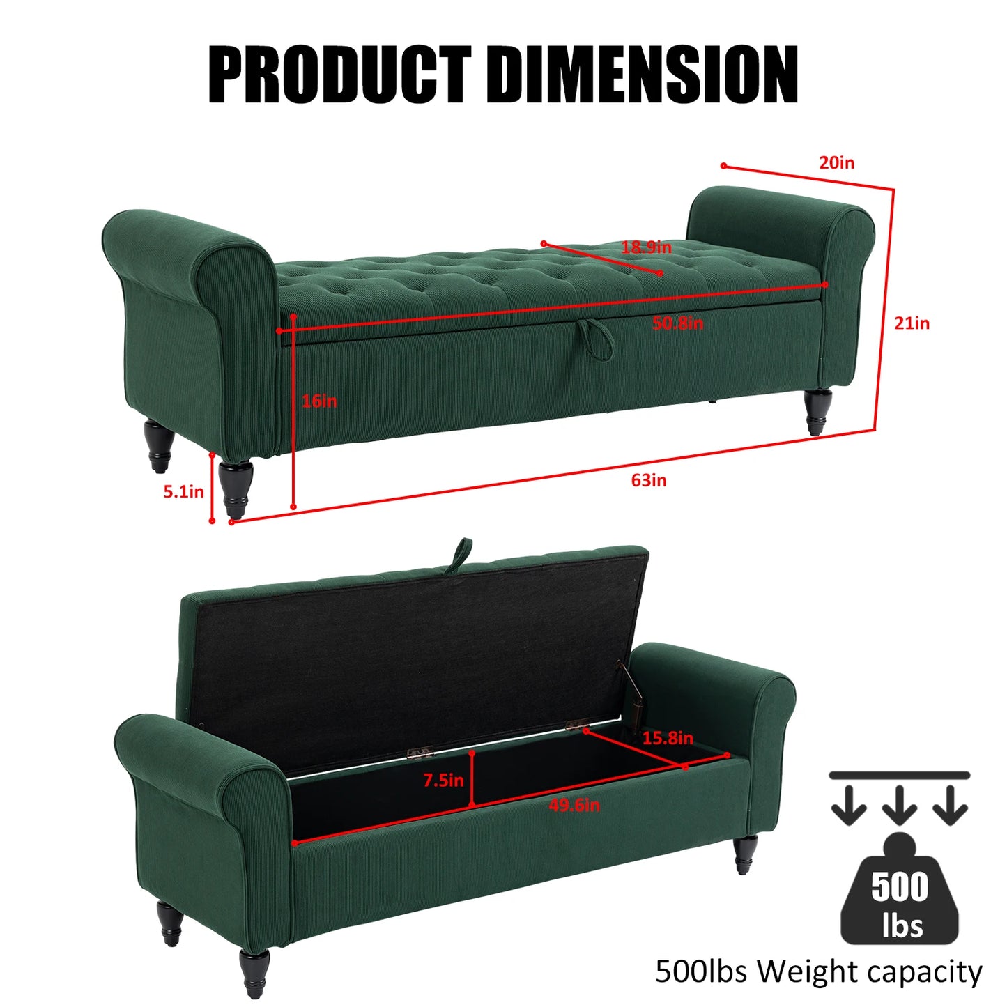 63’’ Storage Ottoman, Upholstered Tufted End of Bed Storage Bench, Ottoman with Storage for Living Room, Bedroom