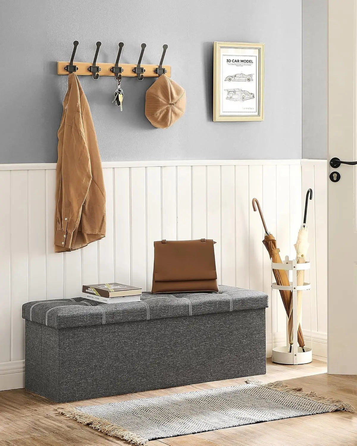 Ottoman Storage Bench, 35 Gal. Folding Chest with Breathable Linen-Look Fabric, Holds 660 lb, for Entryway, Living Room, Bedroom
