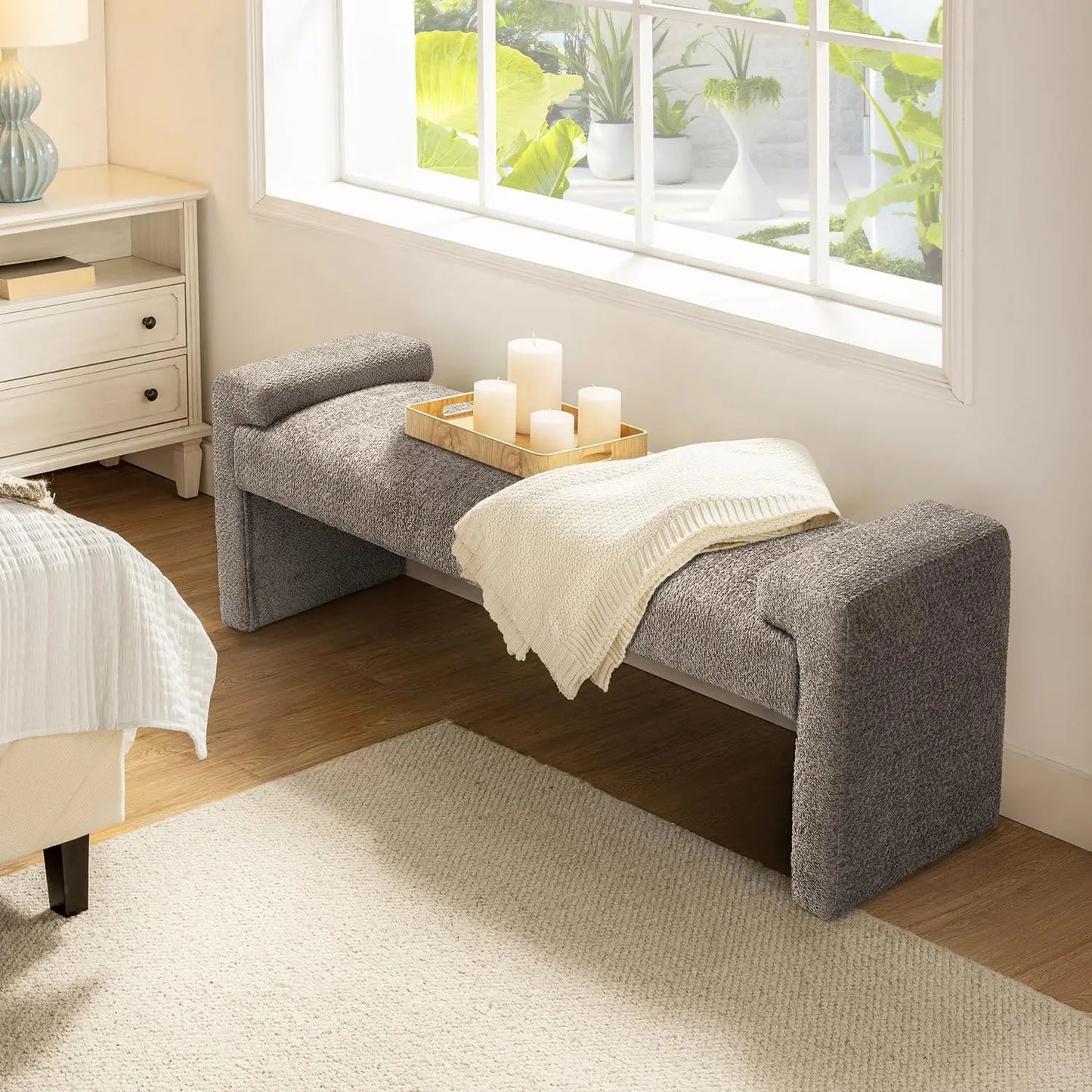 58.5" End of Bed Bench, Modern Fabric Upholstered Entryway Bench, Footrest Stool Accent Bench with Solid Wood Frame