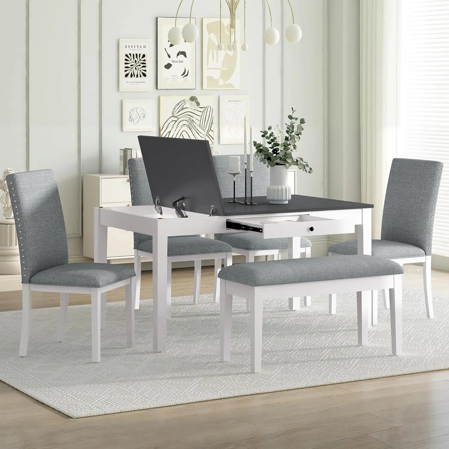 6 Piece Dining Room Table Set, Rustic Farmhouse Dining Room Foldable Table with 4 Upholstered Chairs and Bench